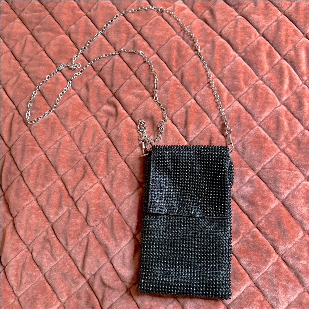 Chic Black Rhinestone Crossbody Bag with Silver Chain